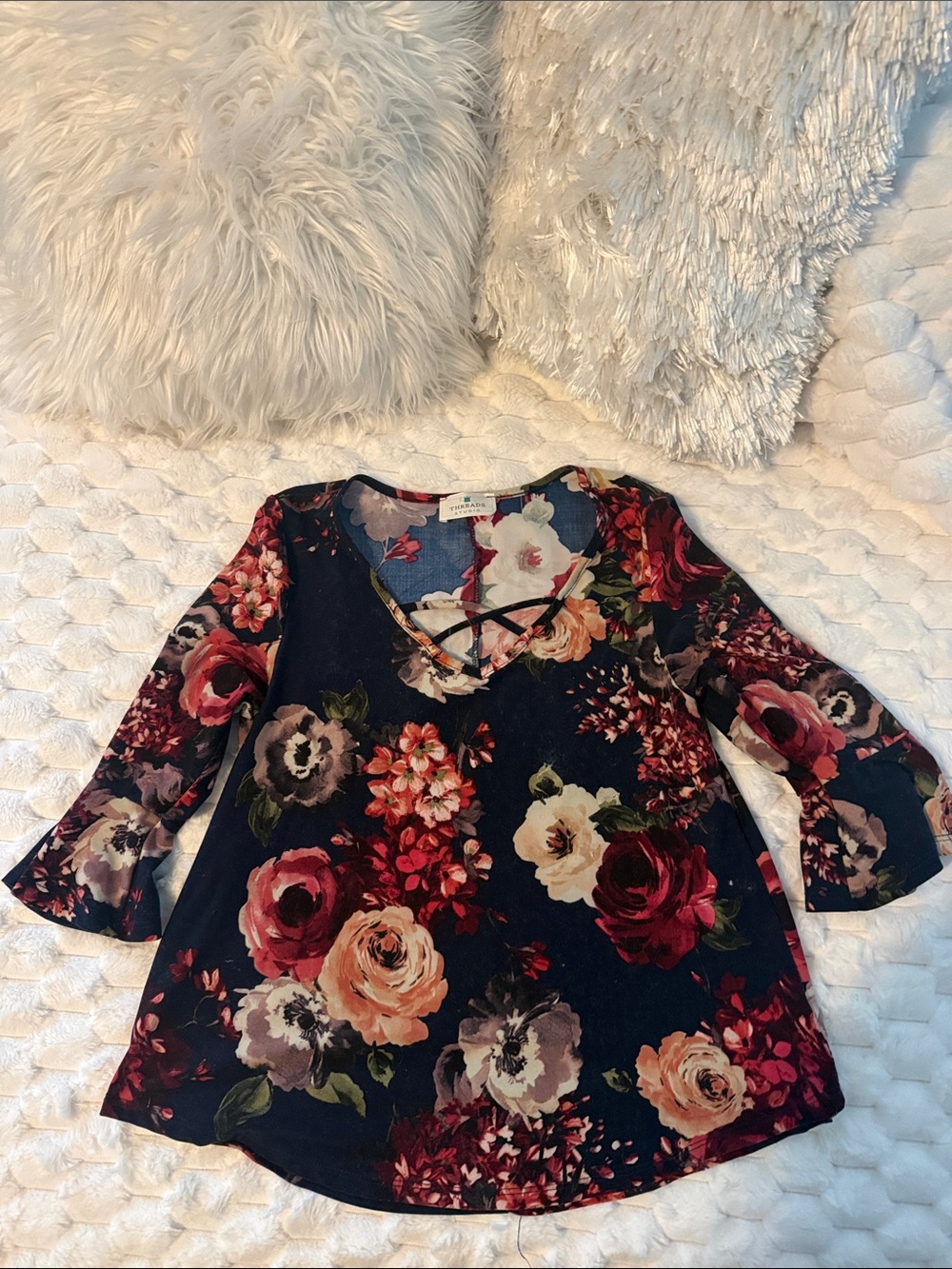 Girls Floral Navy Crisscross Neck Dress